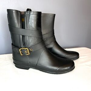 Burberry Rain Boots Womens 10 Black Rubber Brass Novacheck Lining *Flawed*